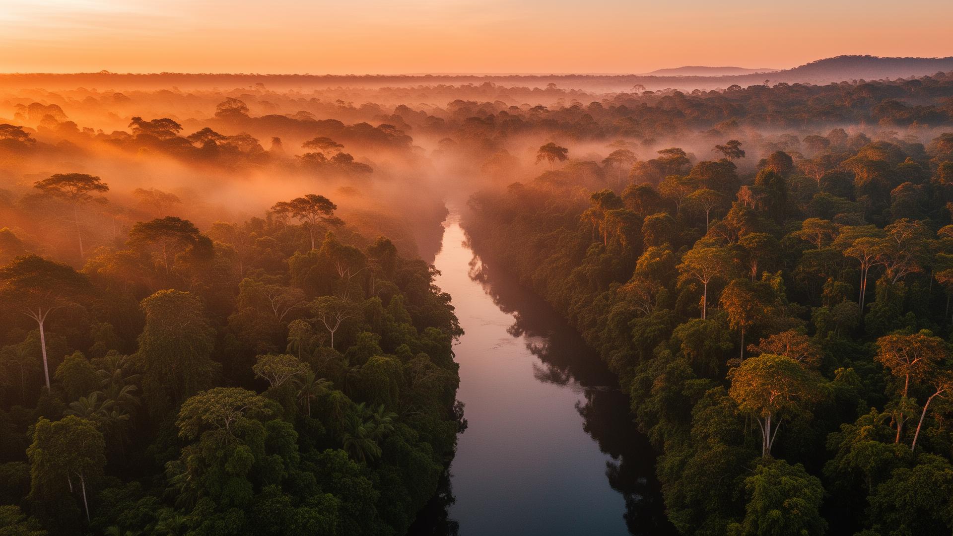 Mist rising over a pristine rainforest river at golden hour